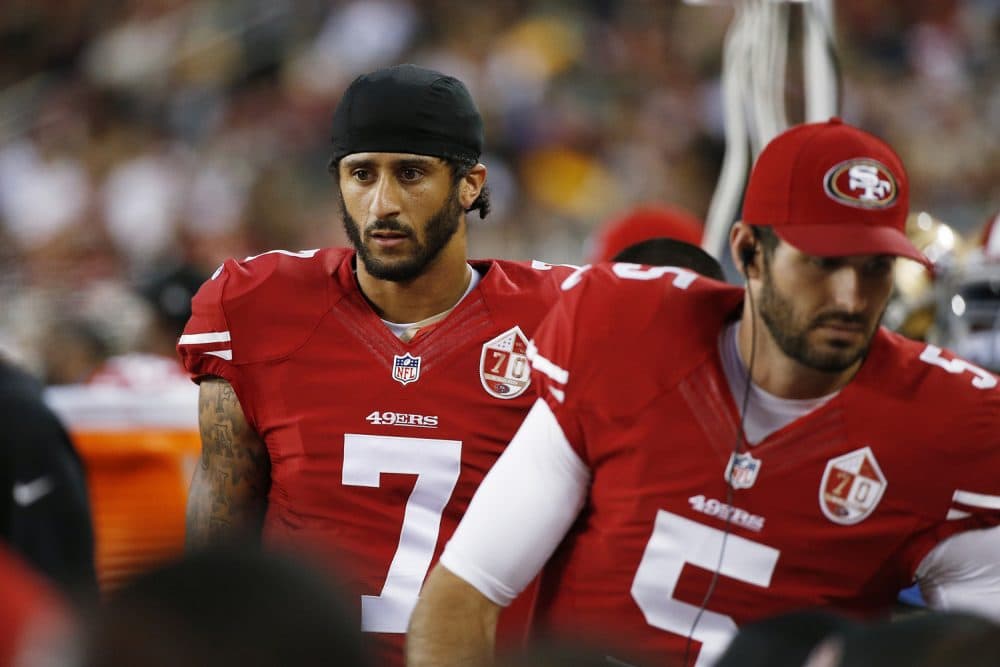 San Francisco 49ers quarterback Colin Kaepernick on the sidelines during the first half of an NFL preseason football game against the Green Bay Packers Friday, Aug. 26, 2016, in Santa Clara, Calif. (Tony Avelar/AP)