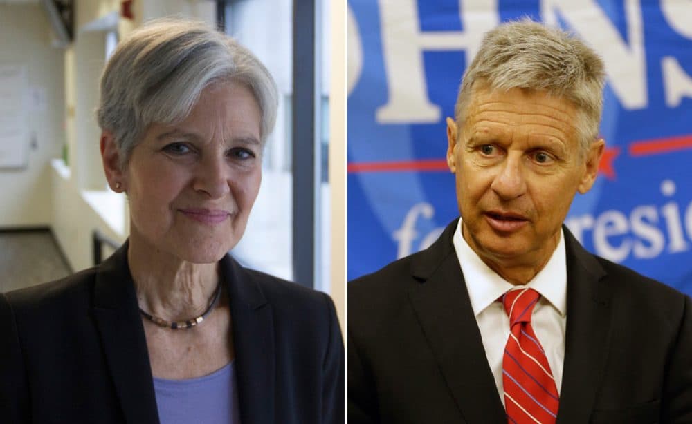Green Party presidential nominee Dr. Jill Stein, left, and Libertarian Party presidential nominee Gov. Gary Johnson appeared on On Point Radio on August 10. (Left: Joe DiFazio/WBUR Right: John Raoux /AP)