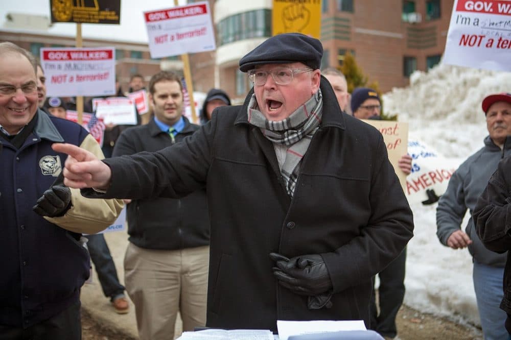 In March 2015, head of the Massachusetts AFL-CIO, Steven Tolman, speaks in support of the New Hampshire union workers. (Jesse Costa/WBUR)