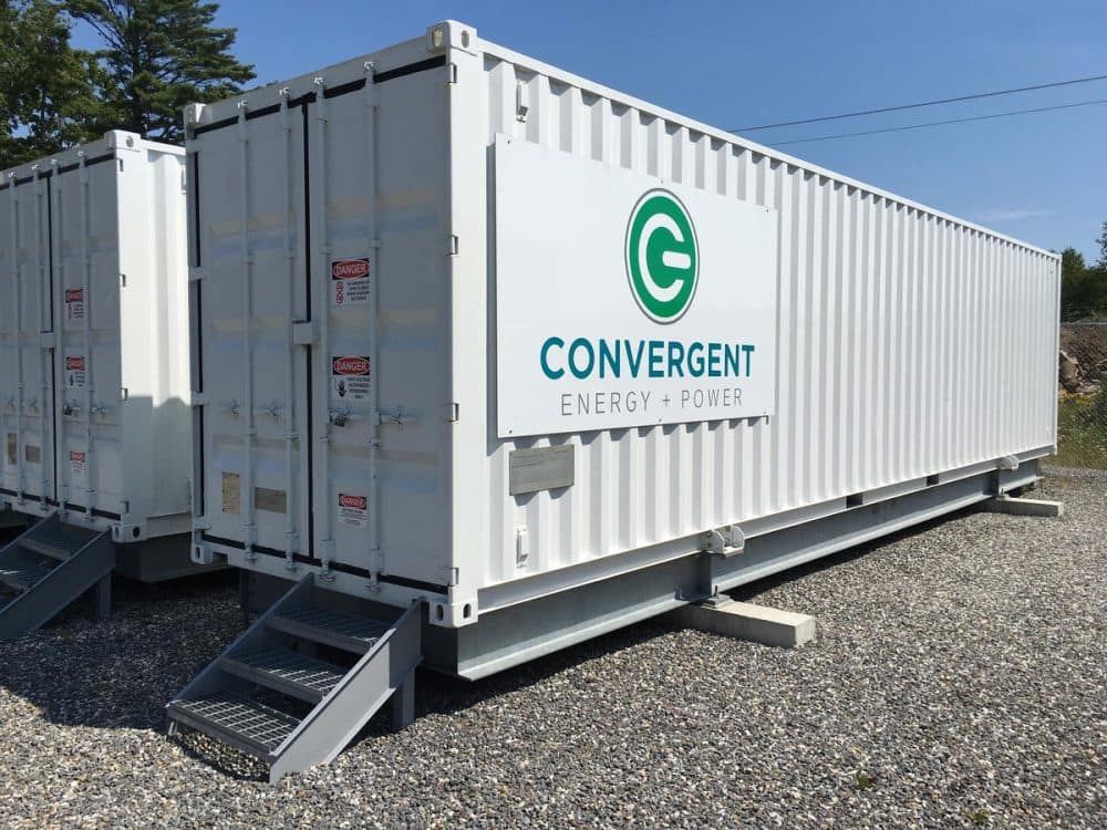 These grid-scale batteries store up to 500 kilowatts of electricity in Boothbay. (Fred Bever/MPBN)