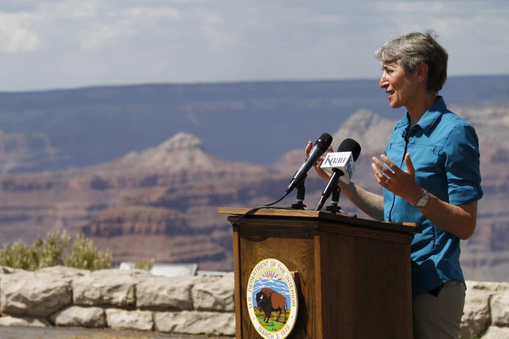 U.S. Interior Secretary Sally Jewell speaks to reporters during a news conference at Grand Canyon National Park in Ariz., on July 26, 2016. (Beatriz Costa-Lima/AP)