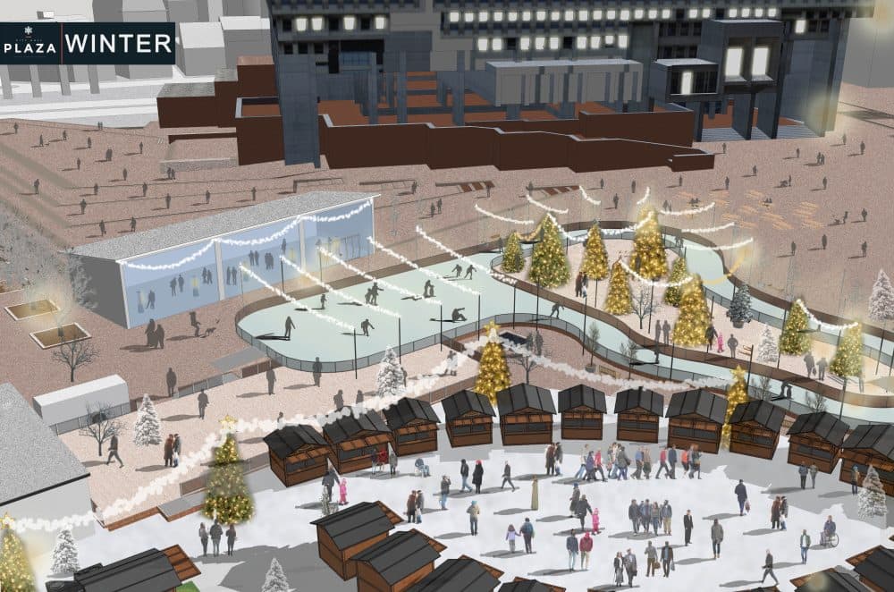 The city of Boston wants to make City Hall Plaza a cool place to hang out. This rendering shows winter activities planned for the public space. (Courtesy of Boston Garden Development Corporation)