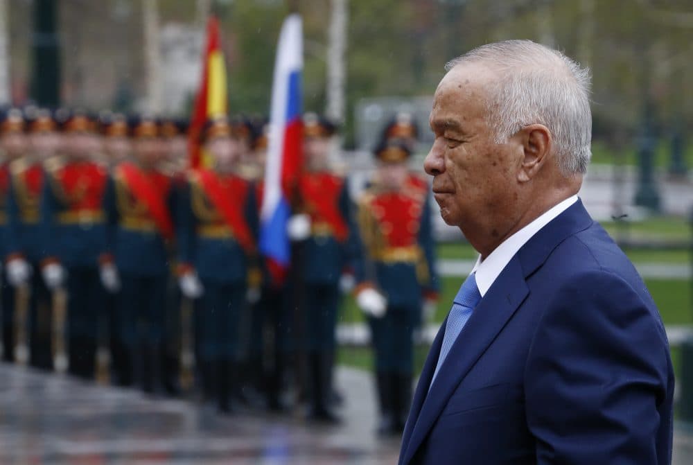 Uzbek President Islam Karimov takes part in a wreath-laying ceremony at the Tomb of the Unknown Soldier by the Kremlin Wall in Moscow, on April 26, 2016. (Sergei Karpukhin/AFP/Getty Images)