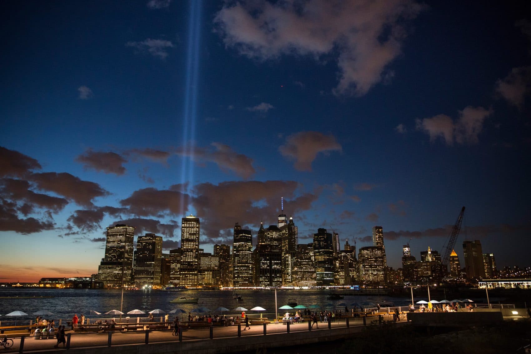 The September 11 Tribute in Light rises from the New York City skyline as seen from the Brooklyn Heights neighborhood of the Brooklyn Borough of New York City on Sept. 11, 2015. (Andrew Burton/Getty Images)