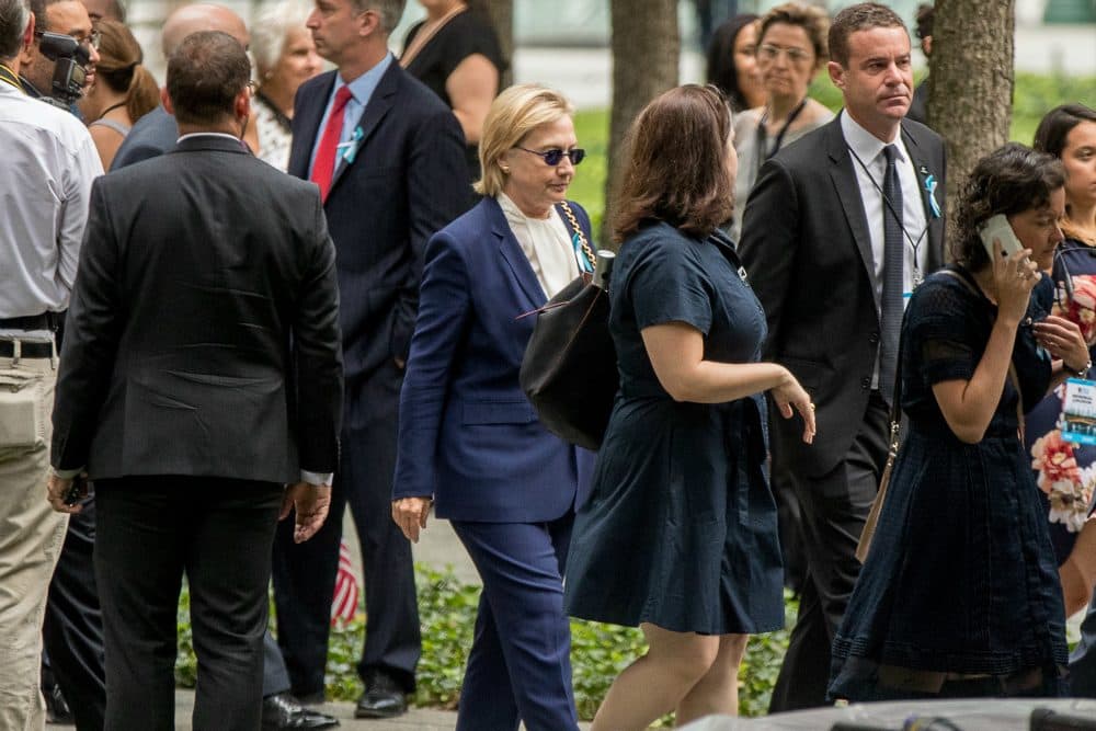 Democratic presidential candidate Hillary Clinton arrives to attend a ceremony at the National September 11 Memorial, in New York, Sunday, Sept. 11, 2016, on the 15th anniversary of the September 11th attacks. (Andrew Harnik/AP)