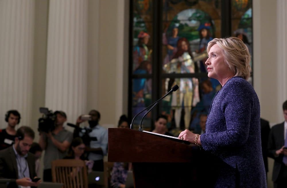 Democratic presidential nominee Hillary Clinton speaks with reporters following a National Security Working Session at the New York Historical Society Library on Sept. 9, 2016. (Justin Sullivan/Getty Images)