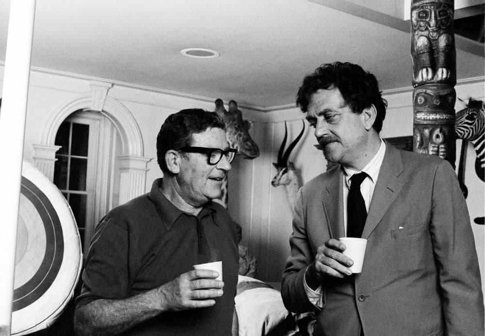 Kurt Vonnegut, right, talks with producer-director Mark Robson in Hollywood, Calif., on April 27, 1971, during the filming of Vonnegut's first play, &quot;Happy Birthday, Wanda June.&quot; (AP)