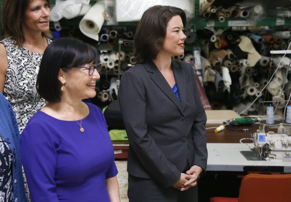Minnesota Democratic congressional candidates Sen. Terri Bonoff, left, and Angie Craig, right, tour the Airtex Design Group prior to a round table discussion, Wednesday, Aug. 24, 2016 at the textile manufacturing business in Minneapolis. (Jim Mone/AP)