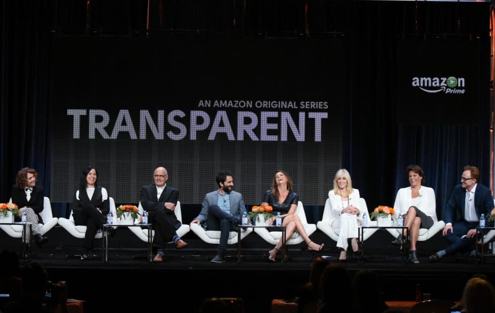 Director/writer/producer Jill Soloway, from left, producer Andrea Sperling, Jeffrey Tambor, Jay Duplass, Amy Landecker, Judith Light, Alexandra Billings and Bradley Whitford participate in the &quot;Transparent&quot; panel at the Amazon Summer TCA Tour at the Beverly Hilton Hotel Monday, Aug. 3, 2015, in Beverly Hills, Calif. (Richard Shotwell/Invision/AP)