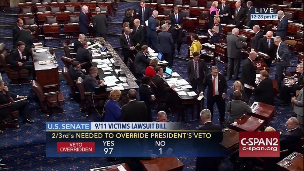 This frame grab from video provided by C-SPAN2, shows the floor of the Senate on Capitol Hill in Washington, Wednesday, Sept. 28, 2016, as the Senate acted decisively to override President Barack Obama's veto of Sept. 11 legislation. (C-SPAN2 via AP)