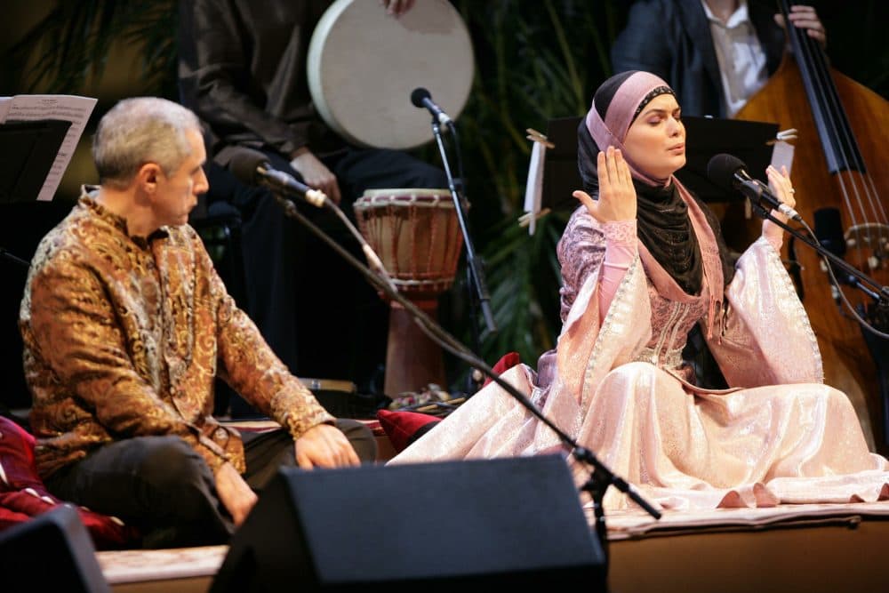 Performers Alim Qasimov (left) and Fargana Qasimova on stage during a 2008 performance of &quot;Layla and Majnun&quot; in Doha, Qatar. (Courtesy Silkroad)