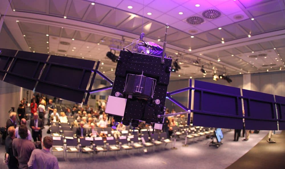 A model of the space probe Rosetta is pictured at the headquarters of the European Space Operation Center (ESOC) of the European Space Agency (ESA) in Darmstadt, western Germany, on Sept. 30, 2016, the day of the controlled descent of the ESA space probe Rosetta onto the surface of Comet 67P/Churyumov-Gerasimenko. (Daniel Roland/AFP/Getty Images)