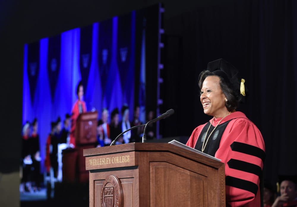 Dr. Paula Johnson speaking Friday at her inauguration as Wellesley College president. (Courtesy Richard Howard/Wellesley College)
