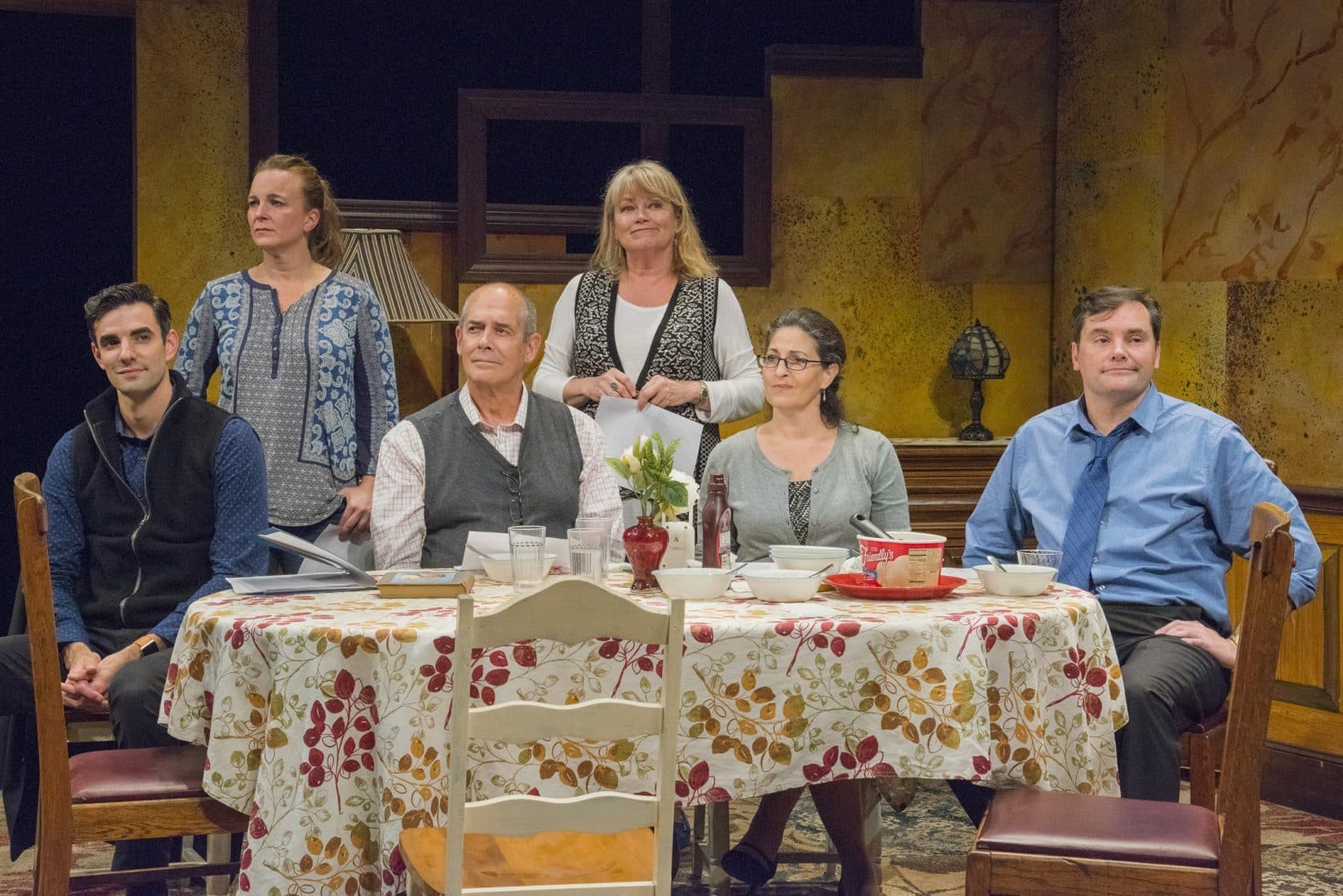 Left to right: Paul Melendy, Laura Latreille, Joel Colodner, Karen MacDonald, Sarah Newhouse and Bill Mootos in the New Repertory Theatre's production of &quot;Regular Singing.&quot; (Courtesy Andrew Brilliant / Brilliant Pictures)