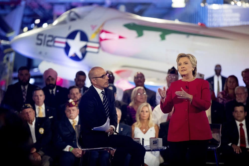 Democratic presidential candidate Hillary Clinton, with &quot;Today&quot; show co-anchor Matt Lauer, left, speaks at the NBC Commander-In-Chief Forum held at the Intrepid Sea, Air and Space museum in New York on Wednesday, Sept. 7, 2016. (Andrew Harnik/AP)