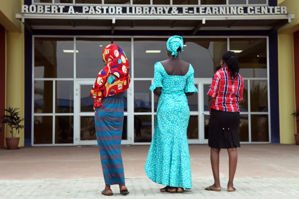 Three teenagers who escaped a Boko Haram mass kidnapping in the northeast Nigerian town of Chibok in 2014 are seen at the American University of Nigeria, in Yola, Adamawa, on May 8, 2015. (Emmanuel Arewa/AFP/Getty Images)