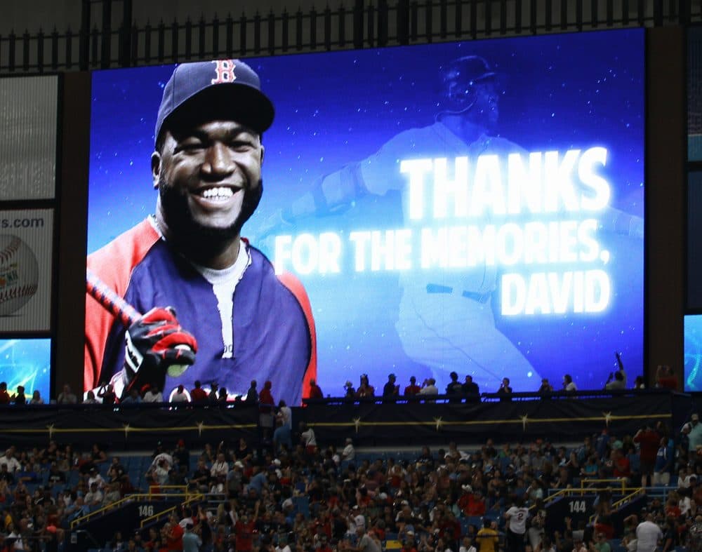 A video of Boston Red Sox’s David Ortiz is shown on a television during the second inning of a baseball game against Tampa Bay Rays Sunday, Sept. 25, 2016, in St. Petersburg, Fla. Ortiz asked the Tampa Bay Rays to cancel a pregame tribute they planned in his honor, after the death of Miami Marlins pitcher Jose Fernandez in a boating accident Sunday.(AP Photo/Luis M. Alvarez)