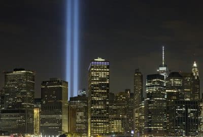 The Tribute in Light rises above the lower Manhattan skyline on Saturday in New York. (Mark Lennihan/AP)