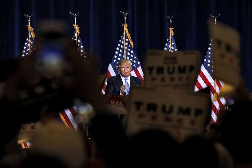 Republican presidential candidate Donald Trump delivers an immigration policy speech during a campaign rally at the Phoenix Convention Center in Phoenix. (Ross D. Franklin/AP)