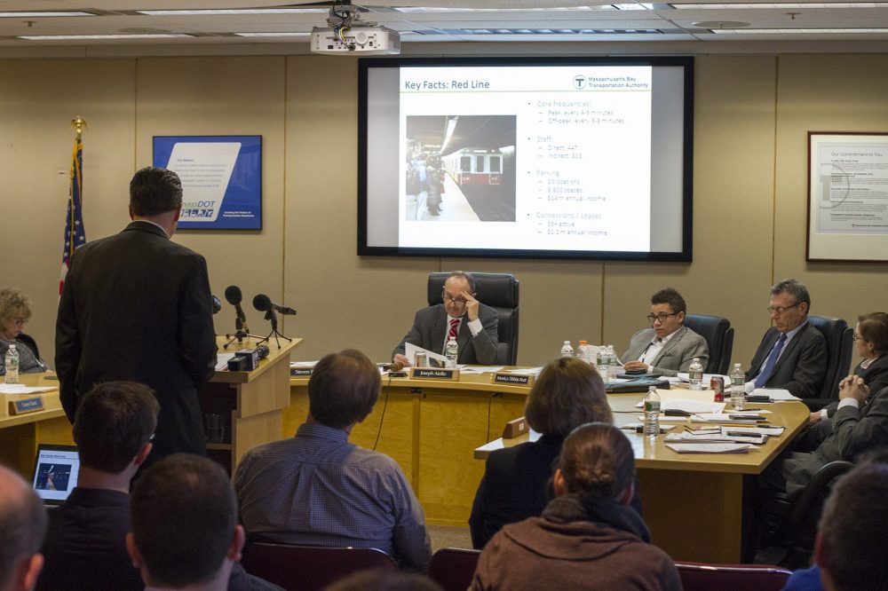 The MBTA Fiscal and Management Control Board is seen during a January 2016 meeting. (Joe Difazio for WBUR)