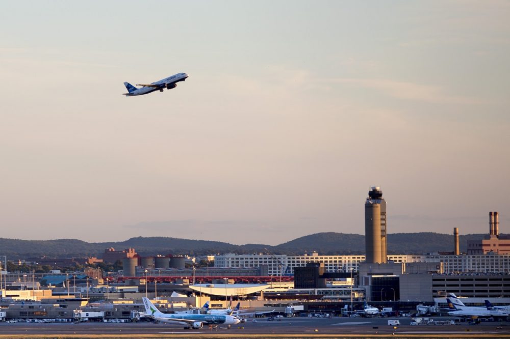 A jetBlue airliner lifts off from Logan Airport. (Jesse Costa/WBUR)