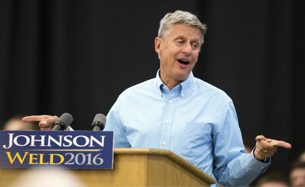 In this Sept. 3, 2016 photo, Libertarian presidential candidate Gary Johnson speaks during a campaign rally in Des Moines, Iowa. (Scott Morgan/AP)