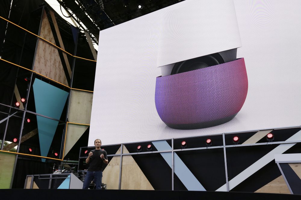 In this May 18, 2016 file photo, Google vice president Mario Queiroz gestures while introducing the new Google Home device during the keynote address of the Google I/O conference in Mountain View, Calif. On Tuesday, Oct. 4, 2016, the search giant will ramp up its consumer electronics strategy with expected announcements of new gadgets including new smartphones and an internet-connected personal-assistant for the home similar to Amazon’s Echo speaker. (Eric Risberg/AP)