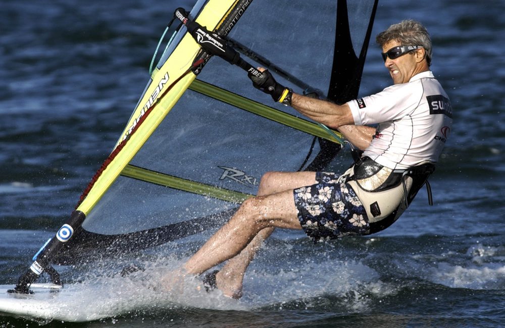This Aug. 30, 2004 file photo shows Democractic presidential nominee Sen. John Kerry, D-Mass., as he windsurfs off the coast of Nantucket, Mass. Video of Kerry windsurfing was used in a political advertisement during his race against Republican President George W. Bush in 2004. (Laura Rauch/AP)