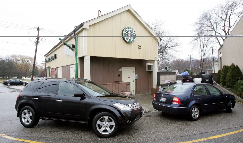 Cars are seen in line outside a Starbucks drive-thru on Dec. 28, 2005 in Wheeling, Ill. (Tim Boyle/Getty Images)