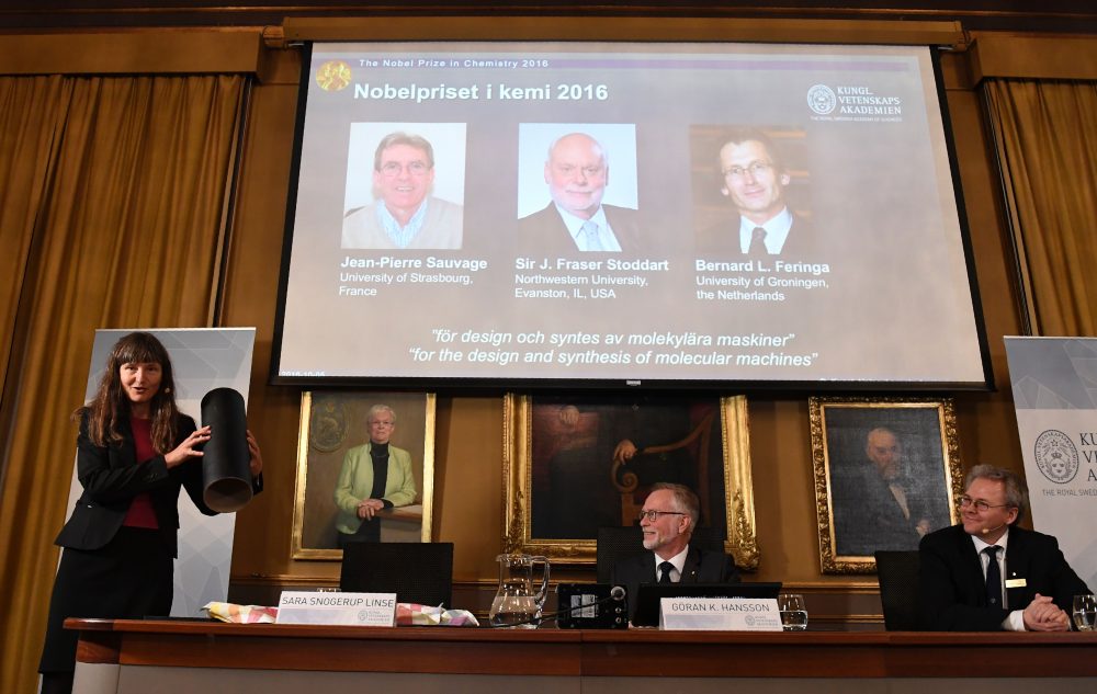 Winners of the 2016 Nobel Prize in chemistry (top, left to right) Jean-Pierre Sauvage, J. Fraser Stoddart and Bernard L. Feringa, are seen on display during the official announcement of the prize winners at the Royal Swedish Academy of Sciences in Stockholm on Oct. 5, 2016. (Jonathan Nackstrand/AFP/Getty Images)