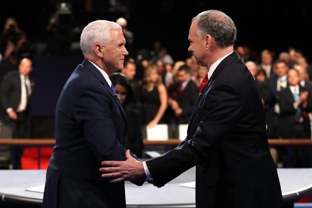 Republican vice-presidential nominee Mike Pence (left) and Democratic vice-presidential nominee Tim Kaine shake hands on stage following the Vice-Presidential Debate at Longwood University on Oct. 4, 2016 in Farmville, Va. (Joe Raedle/Getty Images)