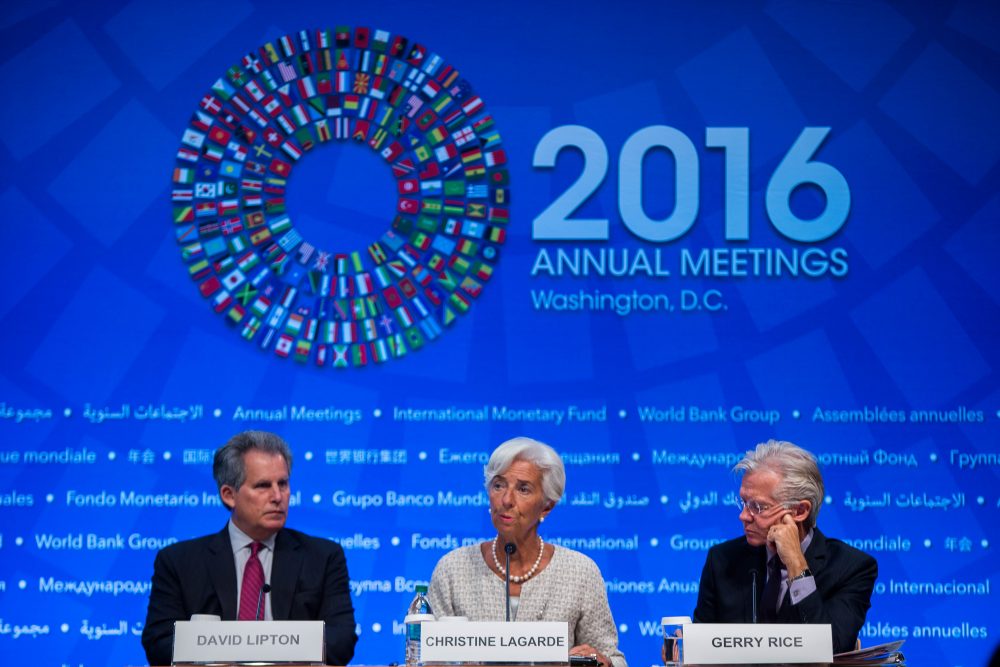 IMF Managing Director Christine Lagarde speaks during a press conference at the 2016 Annual Meetings of the International Monetary Fund Headquarters and the World Bank Group at the IMF Oct. 6, 2016 in Washington. (Zach Gibson/AFP/Getty Images)