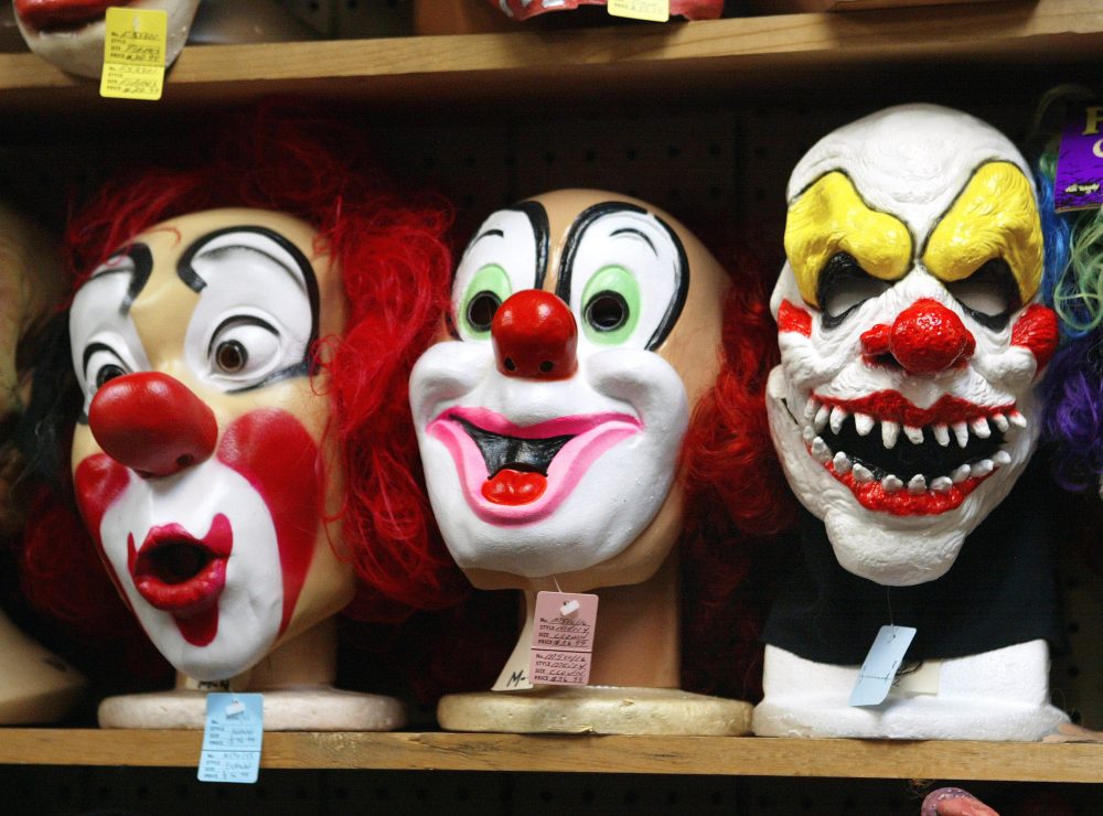 Scary clowns are seen in more than ten states in recent weeks. The photo shows clown masks displayed at the Fantasy Costumes HDQ. store on Oct. 17, 2003 in Chicago, Illinois. (Tim Boyle/Getty Images)