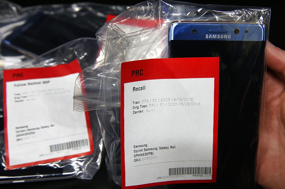 A Samsung's Galaxy Note 7 is held up in a plastic bag with other Note 7 phones on a counter that were returned to a Best Buy on Sept. 15, 2016 in Orem, Utah. The Consumer Safety Commission announced on Sept. 15 a safety recall on Samsung's new Galaxy Note 7 smartphone after users reported that some of the devices caught fire when charging. (George Frey/Getty Images)