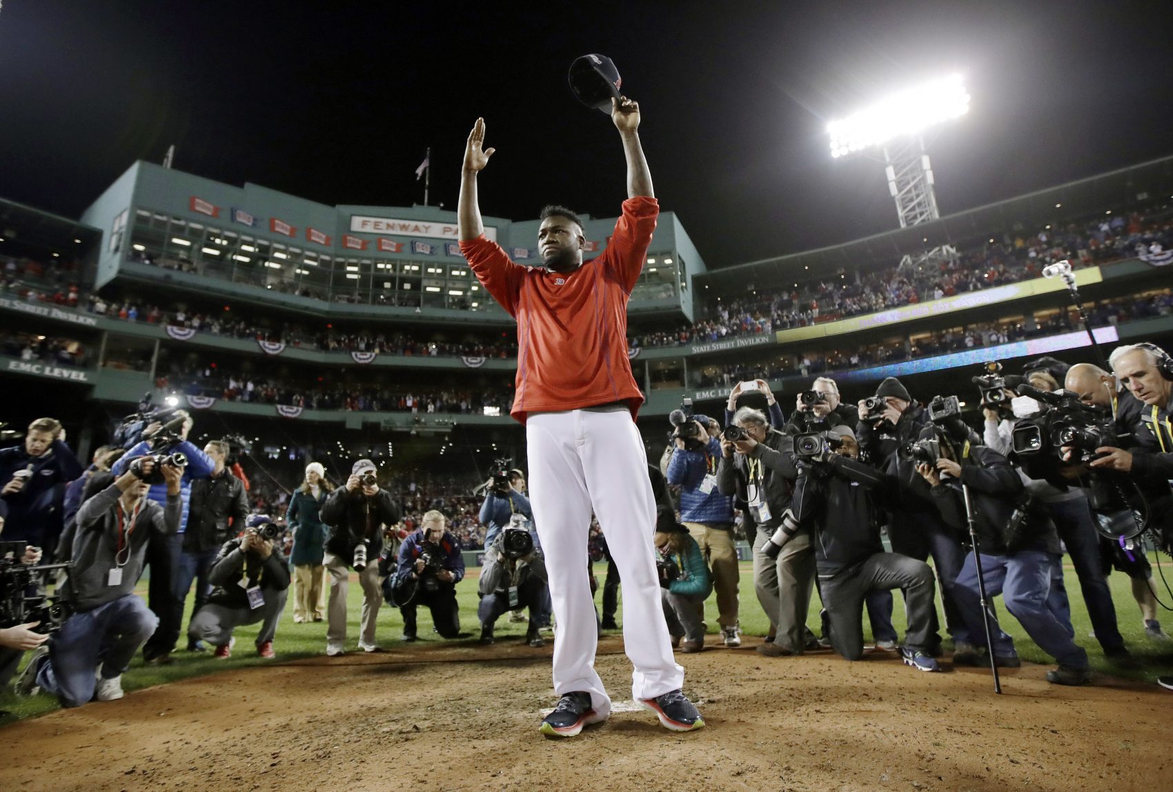 Boston Red Sox's David Ortiz stands on the mound at Fenway Park after Game 3 of baseball's American League Division Series against the Cleveland Indians on Monday in Boston. (Charles Krupa/AP)