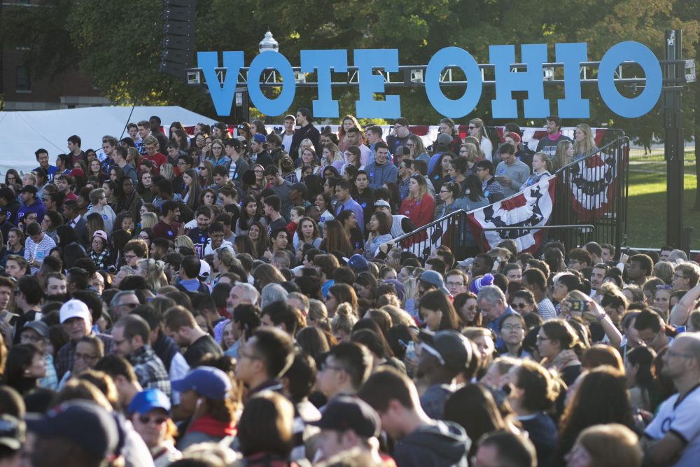 People wait for Democratic presidential nominee Hillary Clinton to arrive at Ohio State University on Oct. 10, 2016 in Columbus, Ohio. The Real Clear Politics polling average puts Clinton half a percentage point ahead of Trump in the state. (Maddie McGarvey/Getty Images)