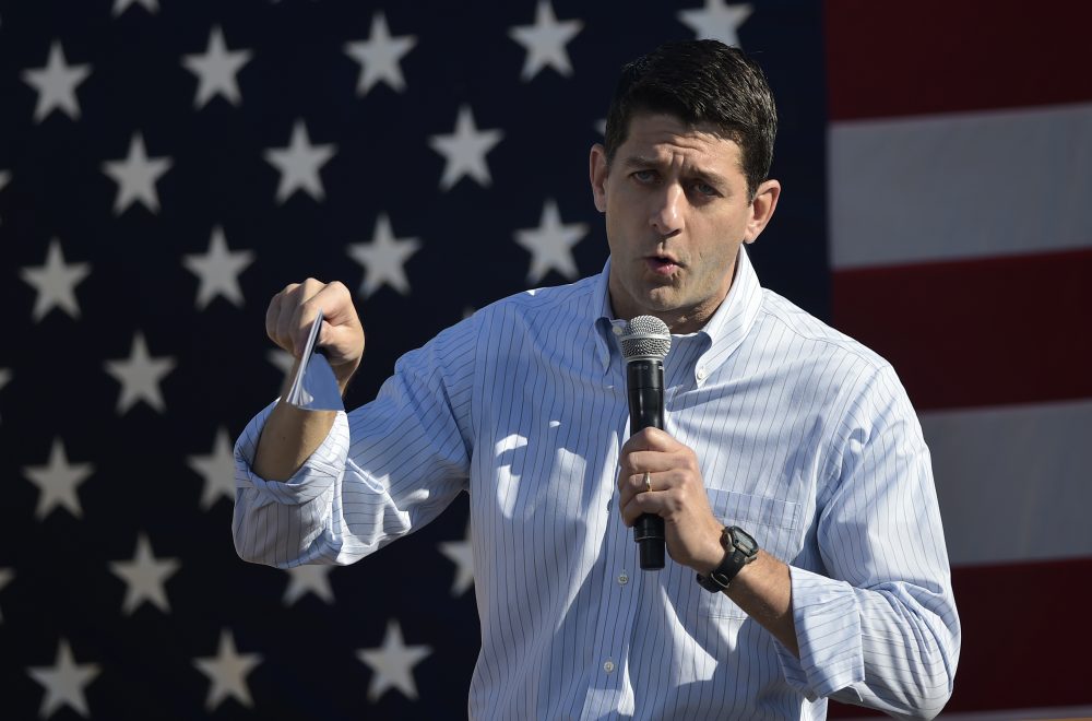 House Speaker Paul Ryan speaks during the 1st Congressional District Republican Party of Wisconsin Fall Fest on Oct. 8, 2016 at the Walworth County Fairgrounds in Elkhorn, Wis. U.S. Republican presidential candidate Donald Trump was scheduled to attend the Fall Fest with Ryan, who said he was &quot;sickened&quot; by lewd and misogynistic comments Trump made as he described groping women in a 2005 video released on Oct. 7, disinviting him from the political event in Wisconsin. (Mandel Ngan/AFP/Getty Images)