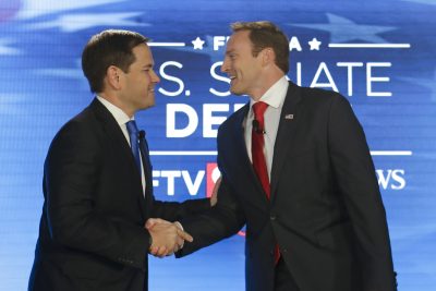 Sen. Marco Rubio, R-Fla., left, and Rep. Patrick Murphy, D-Fla., shake hands before their debate at the University of Central Florida, Monday, Oct. 17, 2016, in Orlando, Fla. (John Raoux/AP)