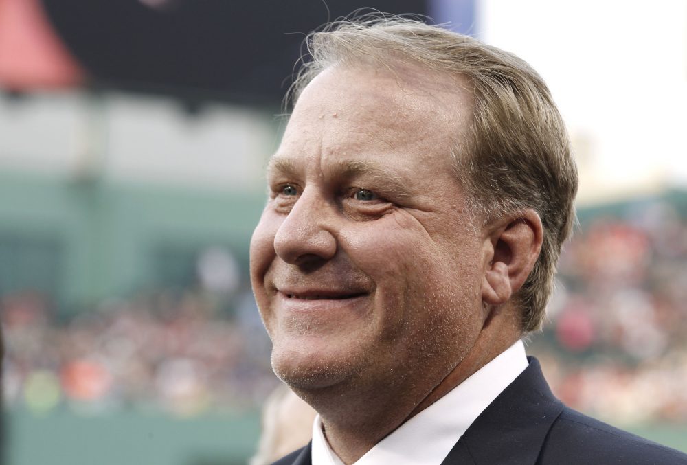 Former Boston Red Sox pitcher Curt Schilling after being introduced as a new member of the Boston Red Sox Hall of Fame in 2012. (Winslow Townson/AP File)