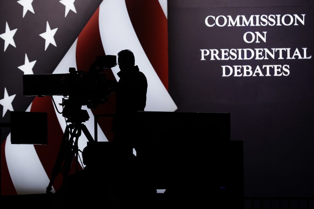 A television camera operator tests his position during a rehearsal for the third presidential debate between Republican presidential nominee Donald Trump and Democratic presidential nominee Hillary Clinton at UNLV in Las Vegas, Tuesday, Oct. 18, 2016. (Patrick Semansky/AP)