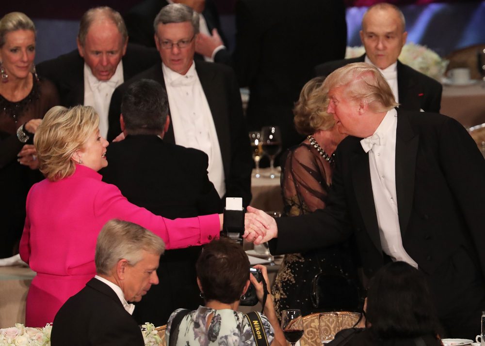 Hillary Clinton shakes hands with Donald Trump while attending the annual Alfred E. Smith Memorial Foundation Dinner at the Waldorf Astoria on Oct. 20, 2016 in New York City. (Spencer Platt/Getty Images)
