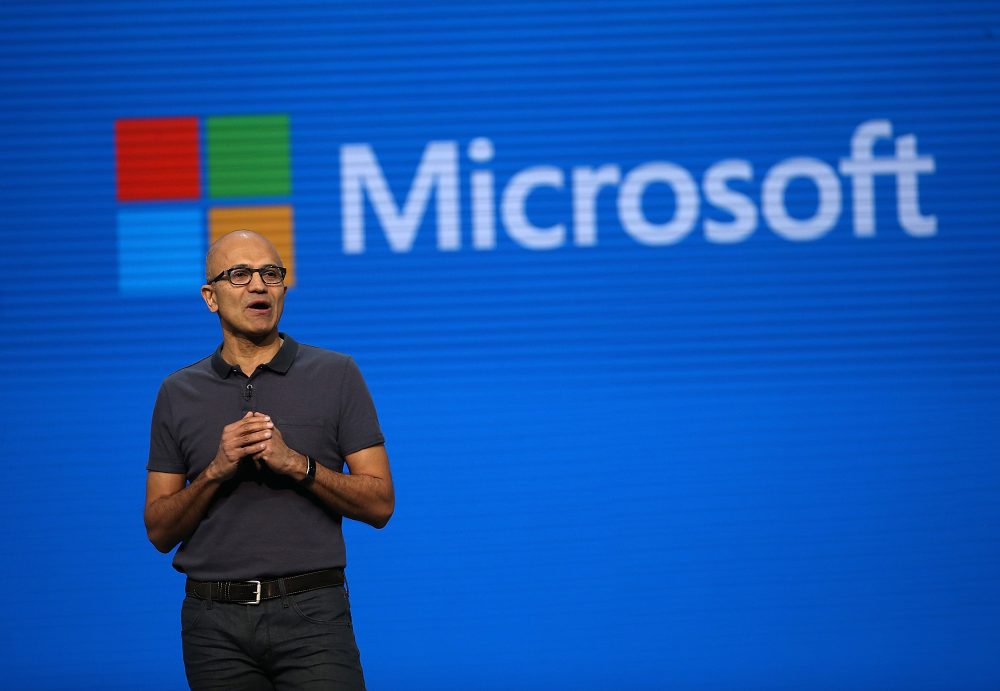Microsoft CEO Satya Nadella delivers the keynote address during the 2016 Microsoft Build Developer Conference on March 30, 2016 in San Francisco. (Justin Sullivan/Getty Images)