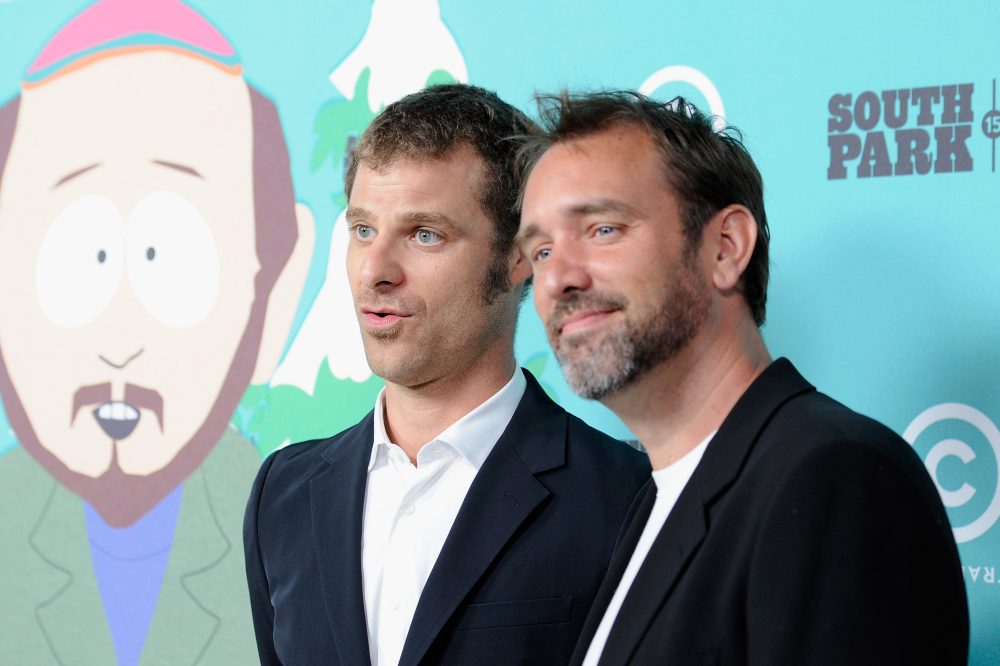 South Park writers/creators Matt Stone (left) and Trey Parker arrive at &quot;South Park's&quot; 15th Anniversary Party at The Barker Hanger on Sept. 20, 2011 in Santa Monica, Calif. (Frazer Harrison/Getty Images)