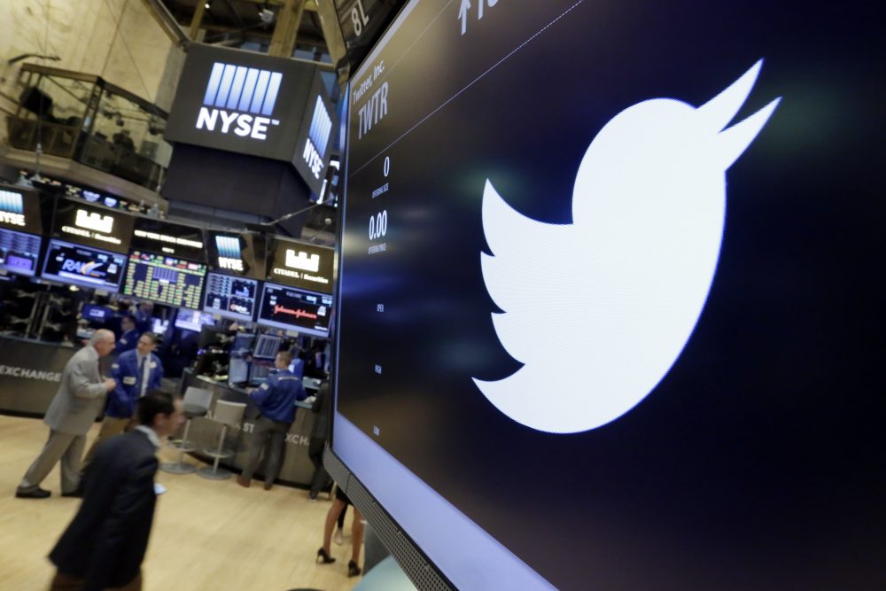 In this July 27, 2016, file photo, the Twitter symbol appears above a trading post on the floor of the New York Stock Exchange. (Richard Drew/AP)