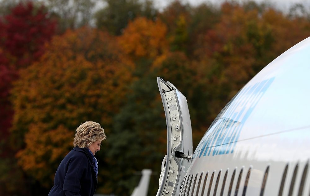 Democratic presidential nominee Hillary Clinton boards her campaign plane at Westchester County Airport on Oct. 28, 2016 in White Plains, N.Y. (Justin Sullivan/Getty Images)