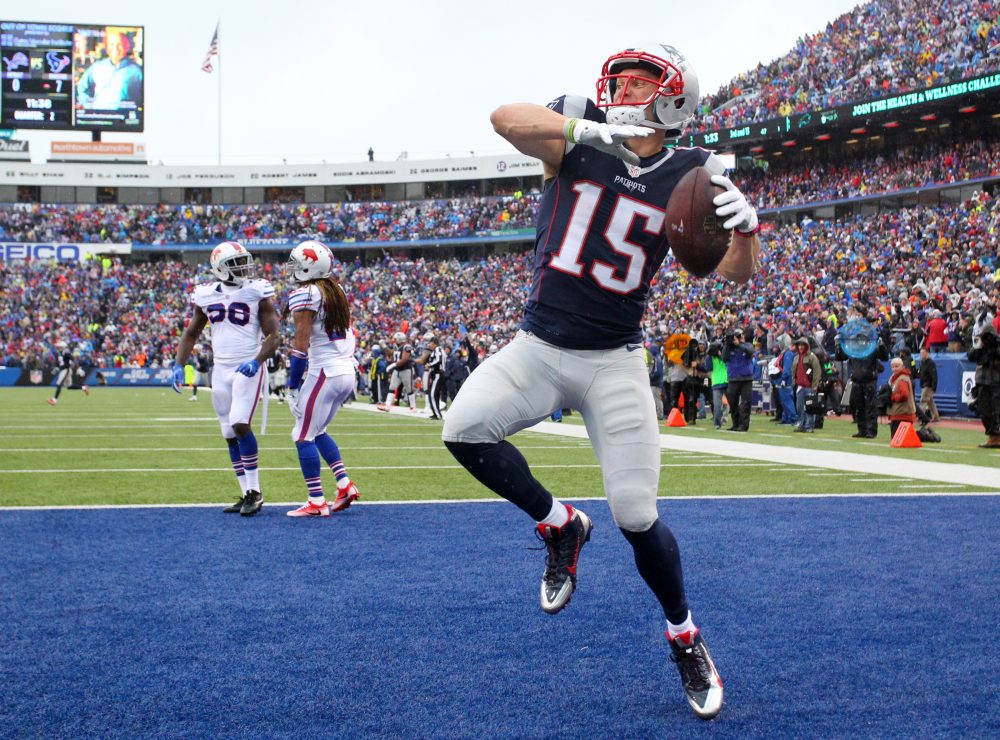 New England Patriots' Chris Hogan (15) celebrates after scoring a touchdown during the first half of an NFL football game against the Buffalo Bills on Sunday in Orchard Park, N.Y. (Bill Wippert/AP)