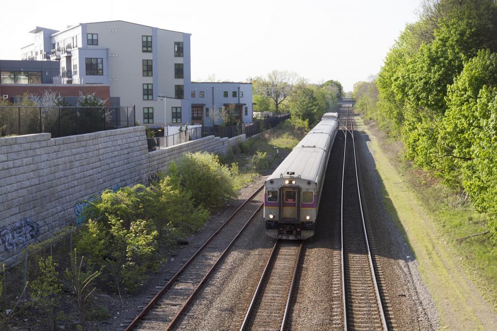 A commuter rail train is seen in the Boston area. Lawmakers in New Hampshire have been debating connecting Boston’s commuter rail to Nashua and Manchester. (Joe Difazio for WBUR)