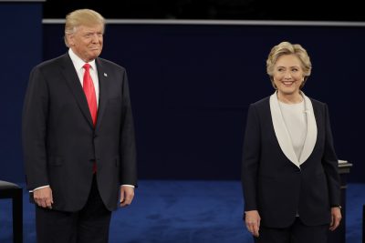 Republican presidential nominee Donald Trump  stands next to Democratic presidential nominee Hillary Clinton during the second presidential debate at Washington University in St. Louis, Sunday, Oct. 9, 2016. (Julio Cortez/AP)
