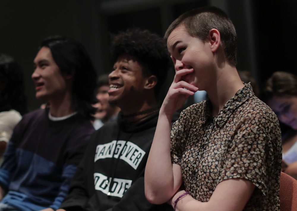 NYU students react while watching the presidential debate between Democratic candidate Hillary Clinton and Republican candidate Donald Trump during a debate watch gathering, Wednesday, Oct. 19, 2016, in New York. (Julie Jacobson/AP)