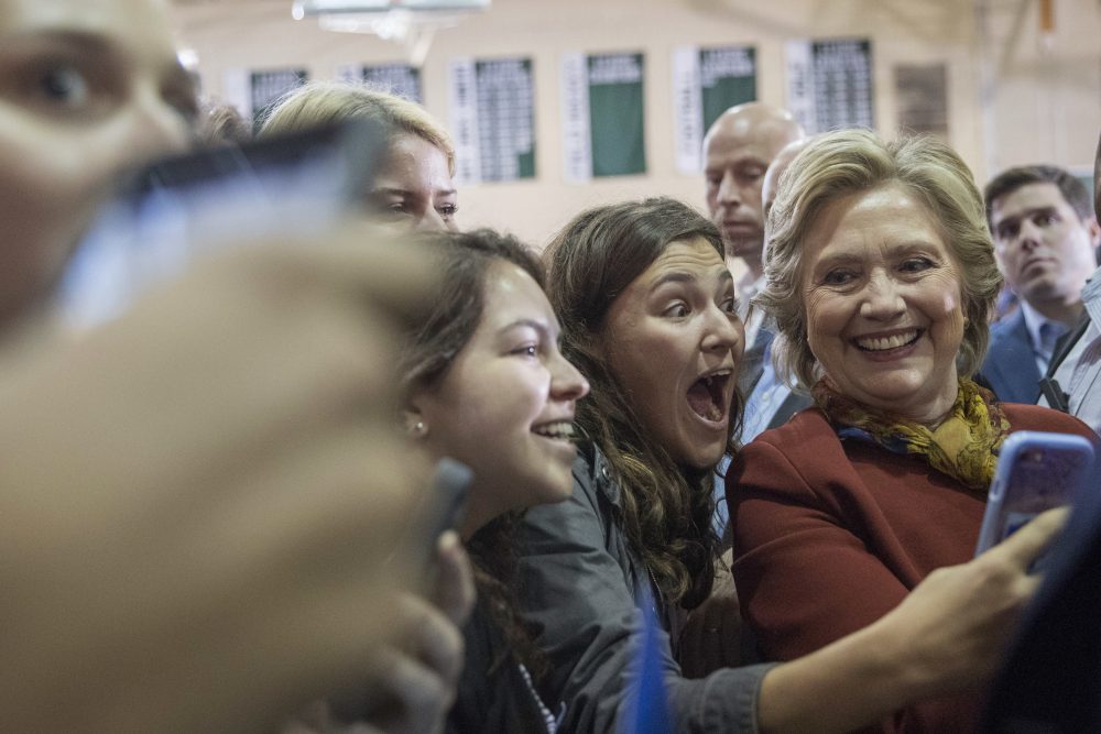 Democratic presidential nominee Hillary Clinton poses for a selfie with supporters during a campaign event in Pittsburgh Saturday. (Mary Altaffer/AP)